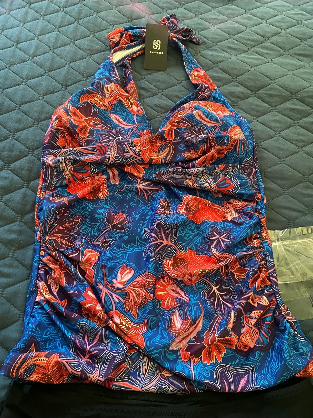 Blue Floral Halter Tankini with Red Accents and Black bottom NWT size Medium